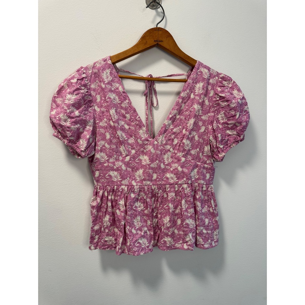 Cotton Bleu Pink Purple Tropical Leaf Print Peplum Top V-Neck Open Back Small